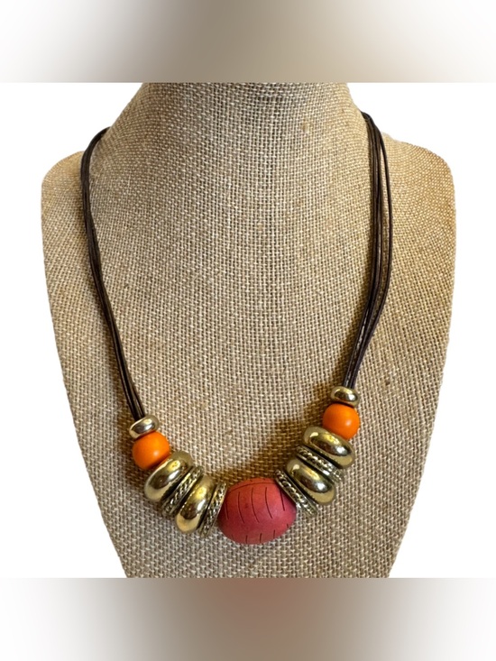 Chico's Jewelry - Chico's Necklace Orange Gold Beaded Chunky Leather Multi Stand Statement Jewelry